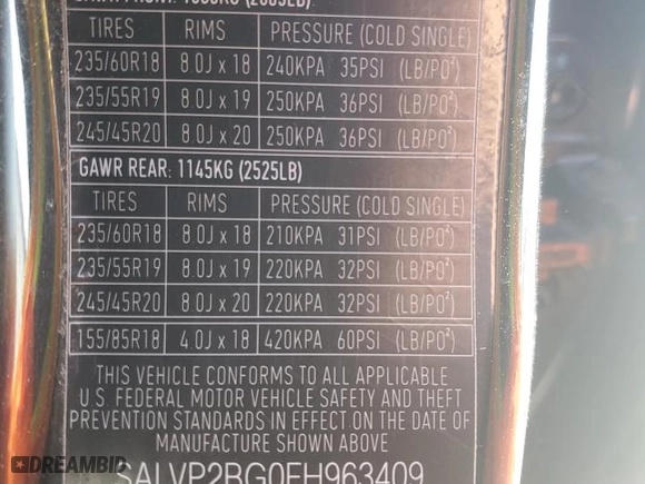 2015 Land Rover Range Rover Evoque Pure Plus with VIN SALVP2BG0FH963409, listed as a Copart auction lot 48713205 with 0 mi miles and Salvage Title. Bid and sale history available at carsss.com. Image 14.