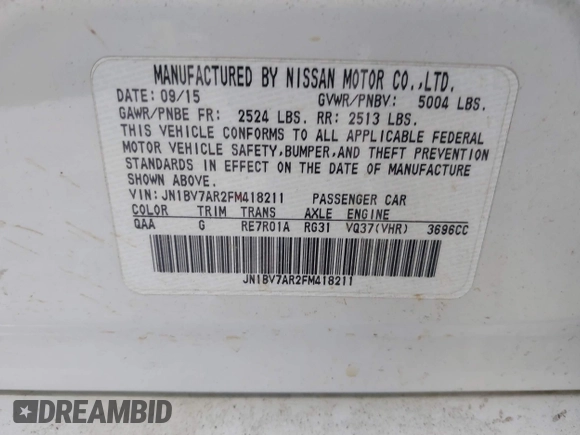 2015 Infiniti Q50 Premium with VIN JN1BV7AR2FM418211, listed as a IAAI auction lot 42626812 with 72,068 mi miles and . Bid and sale history available at DreamBid. Image 9.