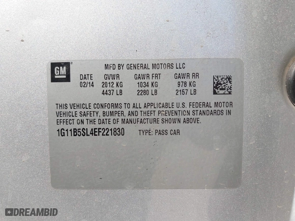 2014 Chevrolet Malibu LS with VIN 1G11B5SL4EF221830, listed as a IAAI auction lot 41695338 with 115,220 mi miles. Bid and sale history available at carsss.com. Image 9.