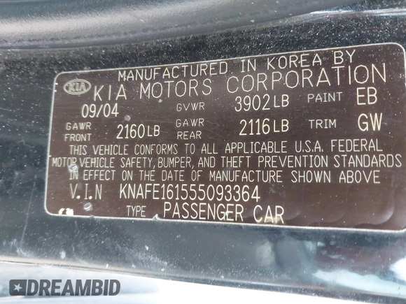 2005 Kia Spectra with VIN KNAFE161555093364, listed as a IAAI auction lot 41465930 with 190,769 mi miles. Bid and sale history available at carsss.com. Image 9.