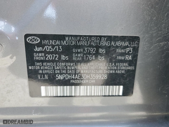 2013 Hyundai Elantra Limited PZEV with VIN 5NPDH4AE3DH359928, listed as a Copart auction lot 49163805 with 49,128 mi miles and Salvage Title. Bid and sale history available at carsss.com. Image 12.