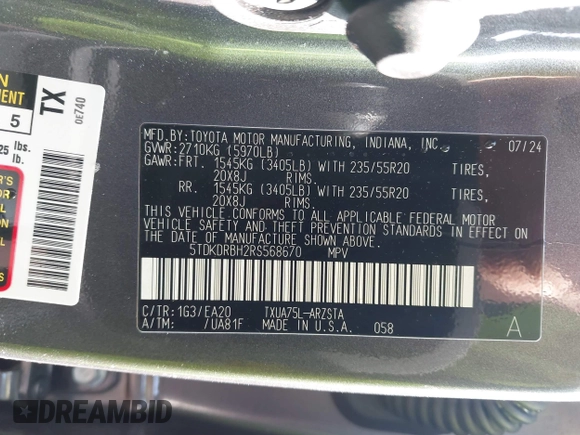 2024 Toyota Highlander LE with VIN 5TDKDRBH2RS568670, listed as a IAAI auction lot 42549212 with 10,600 mi miles and . Bid and sale history available at DreamBid. Image 9.