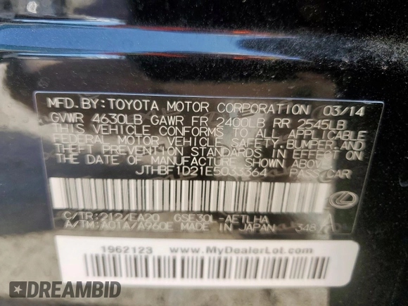 2014 Lexus IS 250 with VIN JTHBF1D21E5033364, listed as a Copart auction lot 61505885 with 96,171 mi miles and Salvage title. Bid and sale history available at DreamBid. Image 12.