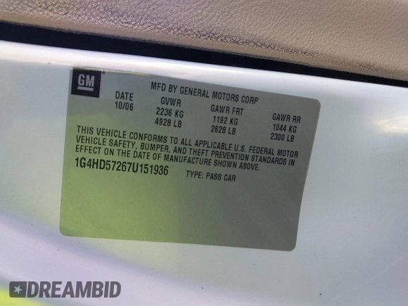 2007 Buick Lucerne CXL with VIN 1G4HD57267U151936, listed as a IAAI auction lot 41026592 with 144,710 mi miles and . Bid and sale history available at DreamBid. Image 9.