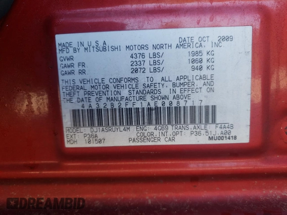 2010 Mitsubishi Galant FE z VIN 4A32B2FF1AE008717, wystawiony jako Copart lot #56575015 z przebiegiem 80 862 mil mil oraz Szkoda całkowita • Salvage title. Historia ofert i sprzedaży dostępna na DreamBid. Obrazek 12.