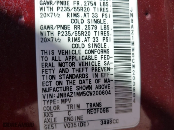 2012 Nissan Murano SV with VIN JN8AZ1MW5CW200604, listed as a IAAI auction lot 42121521 with 166,331 mi miles. Bid and sale history available at carsss.com. Image 9.