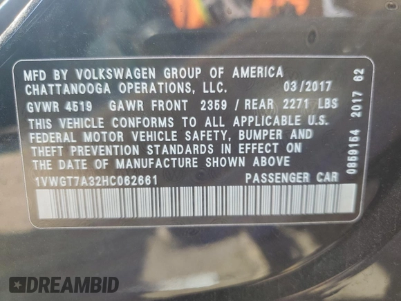 2017 Volkswagen Passat SE z VIN 1VWGT7A32HC062661, wystawiony jako Copart lot #53167835 z przebiegiem 44 689 mil mil oraz Szkoda całkowita • Salvage title. Historia ofert i sprzedaży dostępna na DreamBid. Obrazek 13.