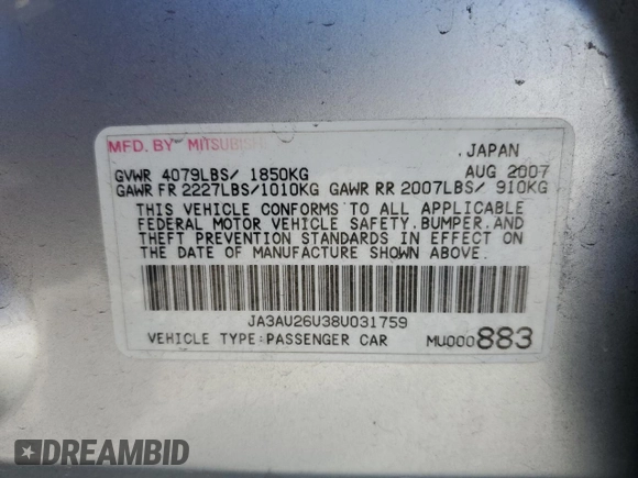 2008 Mitsubishi Lancer DE with VIN JA3AU26U38U031759, listed as a Copart auction lot 67482254 with 224,249 mi miles and Salvage Title. Bid and sale history available at carsss.com. Image 14.