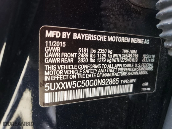 2016 BMW X4 xDrive35i with VIN 5UXXW5C50G0N92865, listed as a Copart auction lot 53748892 with 69,973 mi miles. Bid and sale history available at carsss.com. Image 10.
