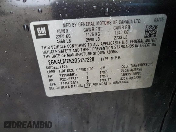 2016 GMC Terrain SLE with VIN 2GKALMEK2G6137220, listed as a Copart auction lot 47583625 with 117,156 mi miles and Salvage Title. Bid and sale history available at carsss.com. Image 14.