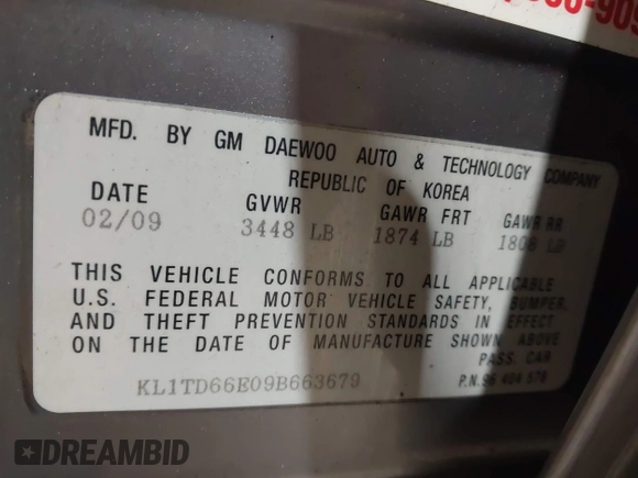 2009 Chevrolet Aveo 1LT with VIN KL1TD66E09B663679, listed as a IAAI auction lot 41911920 with 69,579 mi miles and . Bid and sale history available at DreamBid. Image 9.