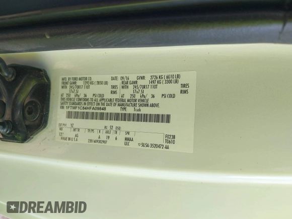 2017 Ford F-150 XL с VIN 1FTMF1C84HFA09848, выставлен на аукционе IAAI как лот 41705948 с пробегом 136 438 миль миль и . История ставок и продаж доступна на DreamBid. Изображение 9.