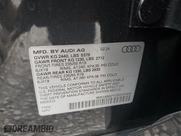 2024 Audi Q5 Premium with VIN WA1ABAFY2R2070404, listed as a Copart auction lot 77515944 with 0 mi miles and Salvage Title. Bid and sale history available at carsss.com. Image 13.
