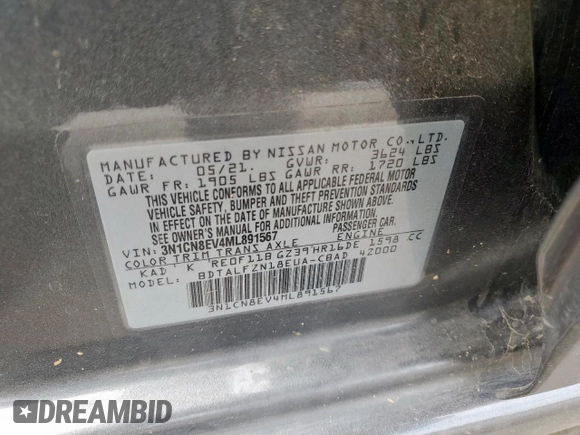 2021 Nissan Versa SV с VIN 3N1CN8EV4ML891567, выставлен на аукционе Copart как лот 50437385 с пробегом 67 649 миль миль и Чистый • Clean title. История ставок и продаж доступна на DreamBid. Изображение 12.