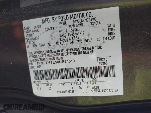 2008 Ford Explorer XLT with VIN 1FMEU63E58UB24513, listed as a IAAI auction lot 42189209 with 149,803 mi miles and . Bid and sale history available at DreamBid. Image 9.