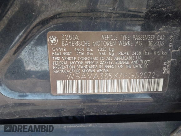 2007 BMW 3 Series 328i с VIN WBAVA335X7PG52072, выставлен на аукционе IAAI как лот 42577352 с пробегом 199 424 миль миль и . История ставок и продаж доступна на DreamBid. Изображение 9.