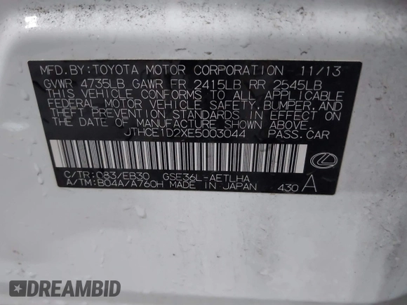2014 Lexus IS 350 with VIN JTHCE1D2XE5003044, listed as a IAAI auction lot 41005435 with 131,817 mi miles. Bid and sale history available at carsss.com. Image 9.