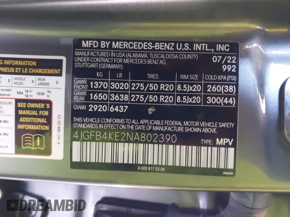 2022 Mercedes-Benz GLE 350 with VIN 4JGFB4KE2NA802390, listed as a IAAI auction lot 42386373 with 31,004 mi miles and . Bid and sale history available at DreamBid. Image 9.