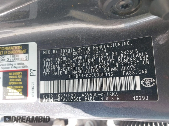2014 Toyota Camry L with VIN 4T1BF1FK2EU390116, listed as a IAAI auction lot 41705712 with 1 mi miles. Bid and sale history available at carsss.com. Image 9.