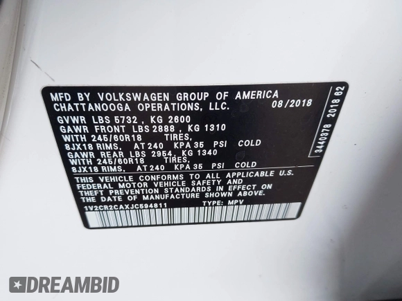 2018 Volkswagen Atlas SE with VIN 1V2CR2CAXJC594811, listed as a IAAI auction lot 42408595 with 65,247 mi miles and . Bid and sale history available at DreamBid. Image 9.