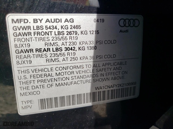 2019 Audi Q5 Prestige with VIN WA1CNAFY2K2106968, listed as a Copart auction lot 65172073 with 35,633 mi miles and Non Repairable. Bid and sale history available at carsss.com. Image 12.