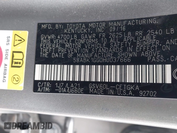2017 Lexus ES 350 with VIN 58ABK1GG0HU037666, listed as a IAAI auction lot 42342596 with 288,081 mi miles and . Bid and sale history available at DreamBid. Image 9.