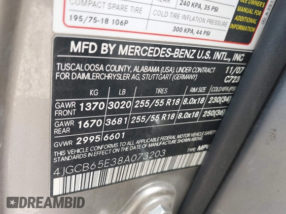 2008 Mercedes-Benz R 3.5L with VIN 4JGCB65E38A073203, listed as a IAAI auction lot 41711544 with 184,210 mi miles and . Bid and sale history available at DreamBid. Image 9.