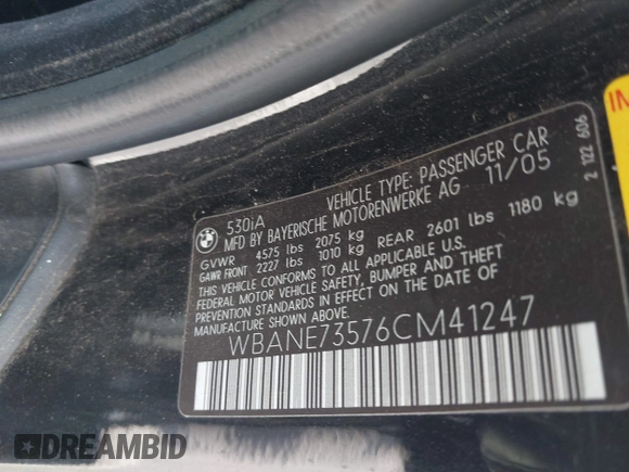 2006 BMW 5 Series 530i with VIN WBANE73576CM41247, listed as a IAAI auction lot 41912672 with Not Provided miles and . Bid and sale history available at carsss.com. Image 9.