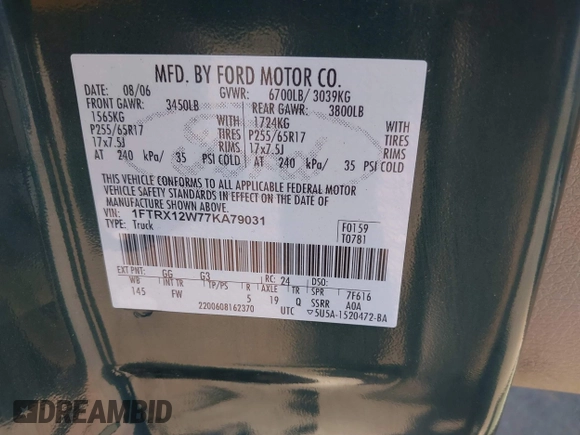 2007 Ford F-150 STX with VIN 1FTRX12W77KA79031, listed as a IAAI auction lot 42674618 with 195,176 mi miles and . Bid and sale history available at DreamBid. Image 9.