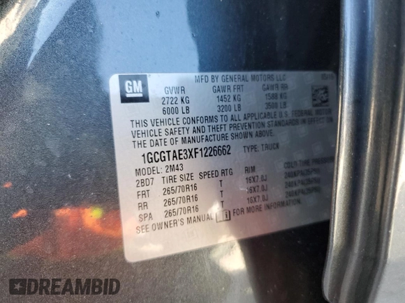 2015 Chevrolet Colorado 4WD WT with VIN 1GCGTAE3XF1226662, listed as a Copart auction lot 75818184 with Not Provided miles and Non Repairable. Bid and sale history available at DreamBid. Image 13.