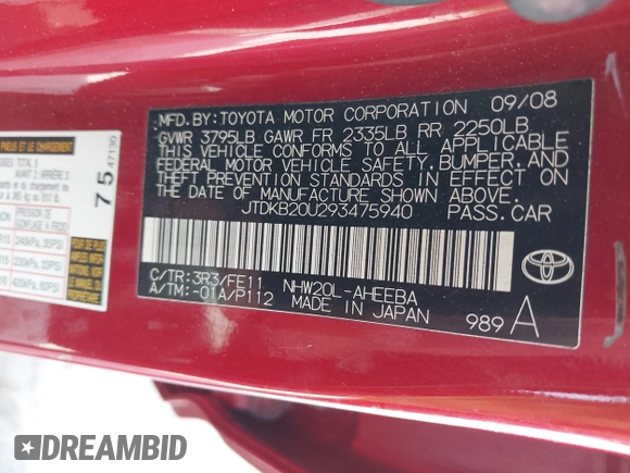 2009 Toyota Prius with VIN JTDKB20U293475940, listed as a IAAI auction lot 42150468 with 112,556 mi miles and . Bid and sale history available at DreamBid. Image 9.