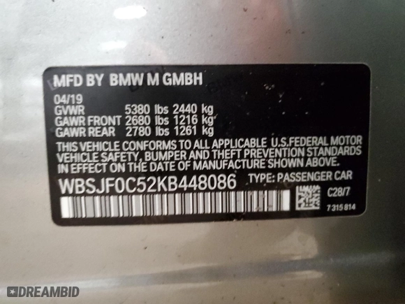 2019 BMW M5 Competition with VIN WBSJF0C52KB448086, listed as a Copart auction lot 86118594 with 46,798 mi miles and Salvage Title. Bid and sale history available at carsss.com. Image 12.