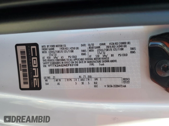 2022 Ford F-250 XL with VIN 1FT7X2A62NEF83139, listed as a Copart auction lot 64560535 with 56,387 mi miles and Salvage title. Bid and sale history available at DreamBid. Image 12.