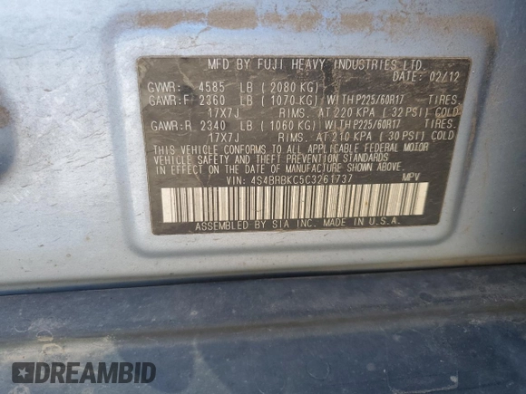 2012 Subaru Outback Limited с VIN 4S4BRBKC5C3261737, выставлен на аукционе Copart как лот 58841025 с пробегом 229 815 миль миль и Списание • Salvage title. История ставок и продаж доступна на DreamBid. Изображение 12.