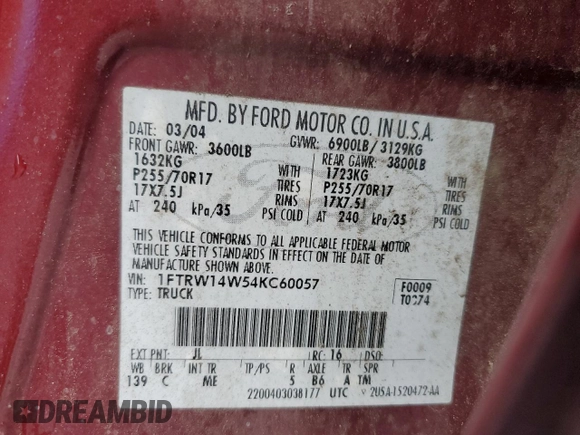 2004 Ford F-150 XLT with VIN 1FTRW14W54KC60057, listed as a Copart auction lot 61029425 with 247,911 mi miles and Clean title. Bid and sale history available at DreamBid. Image 12.