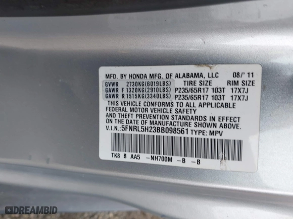 2011 Honda Odyssey LX with VIN 5FNRL5H23BB098561, listed as a IAAI auction lot 41888359 with 162,288 mi miles. Bid and sale history available at carsss.com. Image 9.