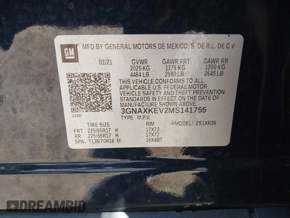 2021 Chevrolet Equinox LT with VIN 3GNAXKEV2MS141755, listed as a IAAI auction lot 42126190 with 74,357 mi miles and . Bid and sale history available at DreamBid. Image 9.