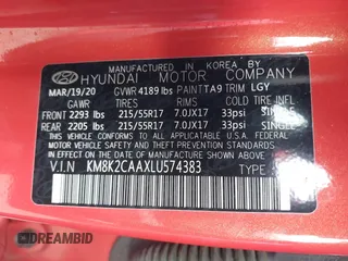 2020 Hyundai Kona SEL with VIN KM8K2CAAXLU574383, listed as a IAAI auction lot 41905273 with 63,882 mi miles and . Bid and sale history available at carsss.com. Image 9.