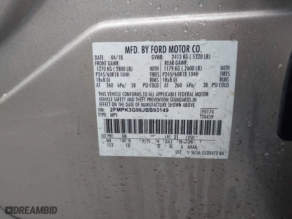 2018 Ford Edge SE with VIN 2FMPK3G96JBB93149, listed as a IAAI auction lot 41531905 with 133,097 mi miles. Bid and sale history available at carsss.com. Image 9.