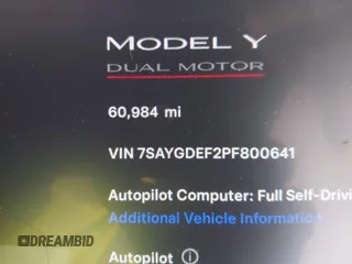 2023 Tesla Model Y Performance with VIN 7SAYGDEF2PF800641, listed as a IAAI auction lot 41612596 with 60,984 mi miles and . Bid and sale history available at DreamBid. Image 7.