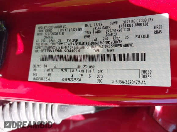 2020 Ford F-150 XL с VIN 1FTEW1E58LKD41914, выставлен на аукционе IAAI как лот 42297607 с пробегом 141 442 миль миль и . История ставок и продаж доступна на DreamBid. Изображение 9.