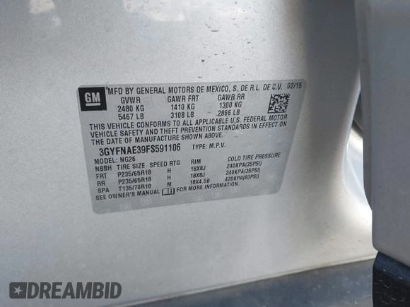 2015 Cadillac SRX with VIN 3GYFNAE39FS591106, listed as a IAAI auction lot 41539502 with 179,182 mi miles and . Bid and sale history available at DreamBid. Image 9.