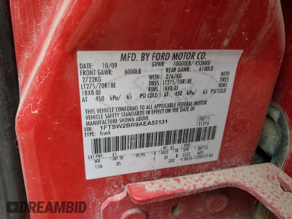 2010 Ford F-250 XL with VIN 1FTSW2BR9AEA55131, listed as a Copart auction lot 58544005 with 206,590 mi miles and Clean title. Bid and sale history available at DreamBid. Image 12.