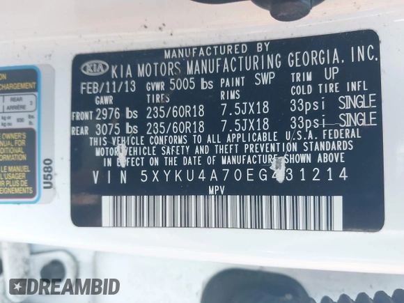 2014 Kia Sorento EX with VIN 5XYKU4A70EG431214, listed as a IAAI auction lot 42231124 with 99,275 mi miles and . Bid and sale history available at DreamBid. Image 9.