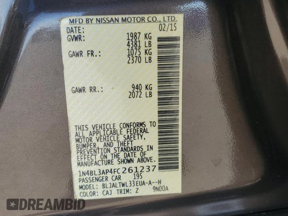 2015 Nissan Altima SL with VIN 1N4BL3AP4FC261237, listed as a Copart auction lot 44762885 with 80,252 mi miles and Salvage Title. Bid and sale history available at carsss.com. Image 12.