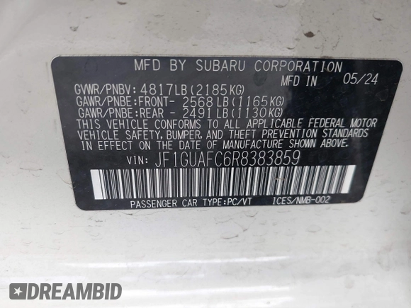 2024 Subaru Impreza Special Sports z VIN JF1GUAFC6R8383859, wystawiony jako IAAI lot #41659424 z przebiegiem 5 009 mil mil oraz . Historia ofert i sprzedaży dostępna na DreamBid. Obrazek 9.