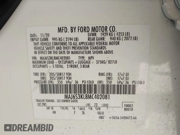 2021 Ford EcoSport Titanium z VIN MAJ6S3KL8MC402081, wystawiony jako IAAI lot #42203667 z przebiegiem 63 159 mil mil oraz . Historia ofert i sprzedaży dostępna na DreamBid. Obrazek 9.