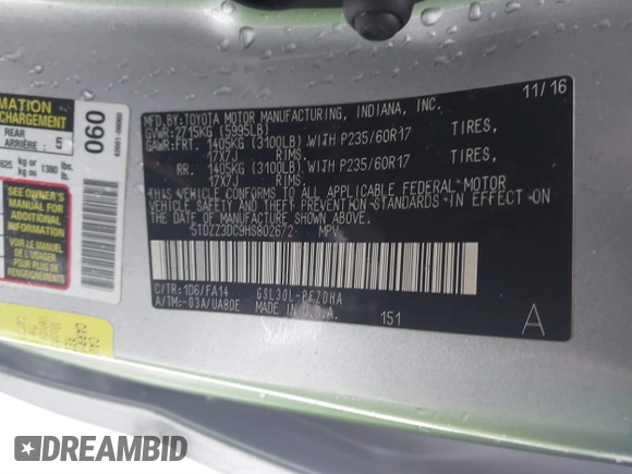 2017 Toyota Sienna L with VIN 5TDZZ3DC9HS802672, listed as a IAAI auction lot 41542558 with 147,788 mi miles and . Bid and sale history available at DreamBid. Image 9.