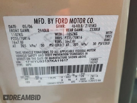2007 Ford Escape XLT with VIN 1FMYU93137KA11617, listed as a Copart auction lot 69445734 with 147,303 mi miles and Salvage Title. Bid and sale history available at carsss.com. Image 13.