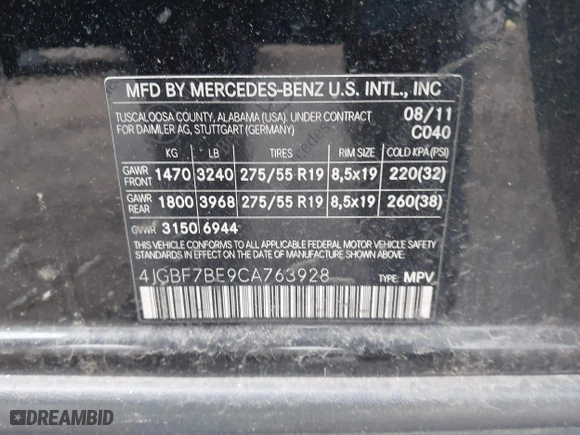 2012 Mercedes-Benz GL-Class GL 450 with VIN 4JGBF7BE9CA763928, listed as a IAAI auction lot 42092738 with 168,971 mi miles. Bid and sale history available at carsss.com. Image 9.